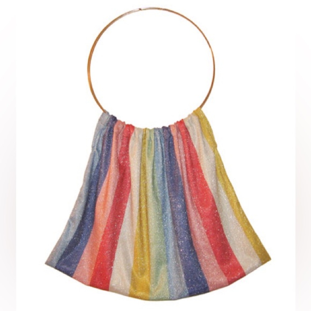 POYZA Multicolor Stripe Shimmery Fabric Double Handle Silver Metal Ring Handbag